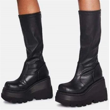 Estilo punk outono inverno botas de microfibra elástica sapatos mulher tornozelo botas salto de alto preto grosso plataforma joe