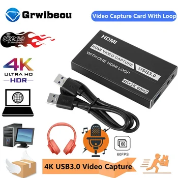Grwibeou 4K USB 3.0 Kartice za snimanje videa s Petljom HDMI 1080P 60 fps HD video snimač Grabilo Za OBS Hvatanje Gaming Kartica u realnom Vremenu