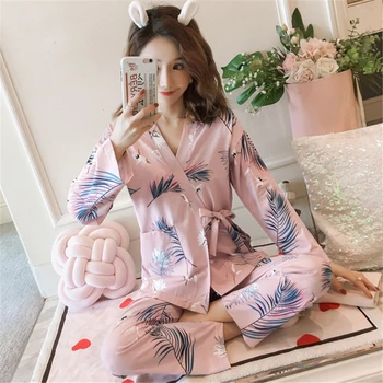 Kimona, пижама, japanski ženski proljeće-jesen pamuk tanak kardigan dugih rukava, godina odgovaraju za kućnu održavanje, пижама s po cijeloj površini