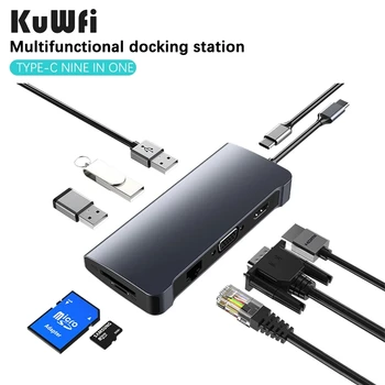 Kuwfi USB C Hub 9-u-1 USB C Adapter sa 4 USB C na HDMI VGA PD Punjenja TF Card Reader/USB3.0 SD USB C priključne stanice za MacBook Pro