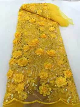 Luksuzni Pink 3D Cvijet Ručni rad od staklenih perli Vezene cvjetne čipke tkanina Afrika Novi dizajn Čipke Tvornička cijena 5 metara za stranku