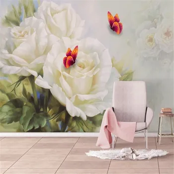 Milofi custom foto tapete, ručno oslikana bijela ruža leptir TV pozadina zidno slikarstvo ukras kuće pozadina zida