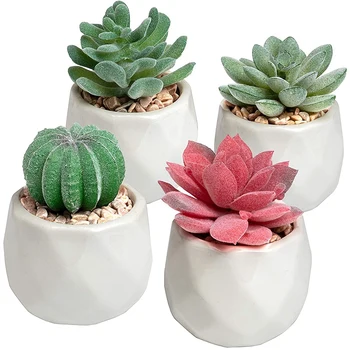 Mini Sukulenti Umjetni Sukulenti su Biljke Umjetni Mini Geometrijske Keramike Biljke u saksiji, Set od 4 Ukrasne