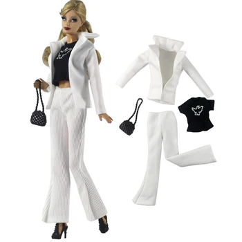 NK 4 predmeta/kit, Jedan bijeli kaput + hlače + Crna košulja + Torba, Zimsku Odjeću Za Barbie Lutke Pribor, igračke za preljev