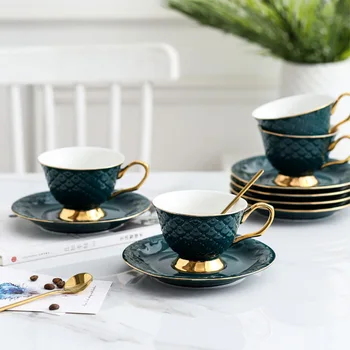 Reljefne keramike kava šalica i tanjurić u europskom stilu, skup s pladanj i žlicom, Set za par šalica čaja, Set za par šalica čaja s pladanj