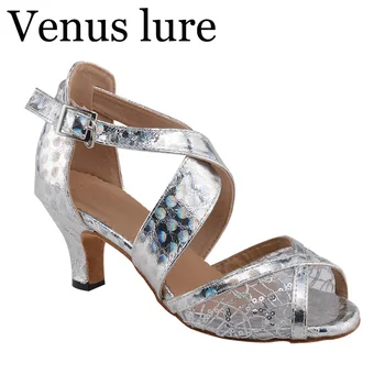 Venus Lure Srebrne Cipele za ples Salse Od Umjetne kože, Ženske Plesne Sandale Na srednje Potpetice, Peta 6,3 cm