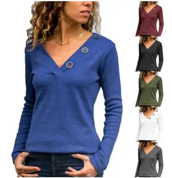 Ženska t-shirt 2022, Proljeće-Jesen, Običan Majice s V-izrez i Gumbe, Modni Majice s Dugim Rukavima, Slobodna Svakodnevni ženska Vanjska Odjeća